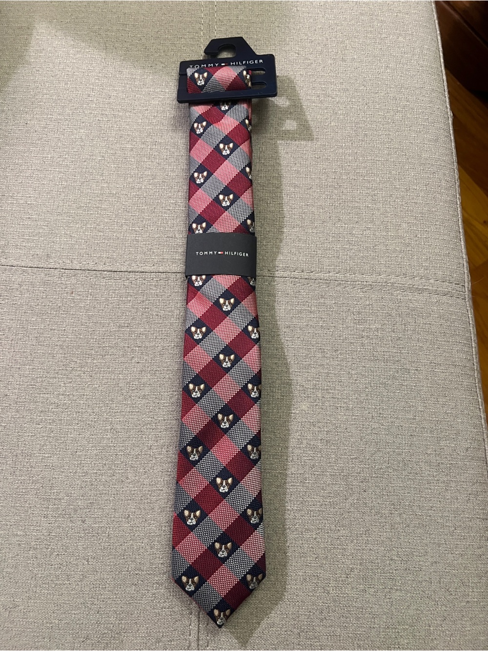 Tommy Hilfiger Red and Navy Plaid Silk Tie Featuring Embroidered French Bulldog